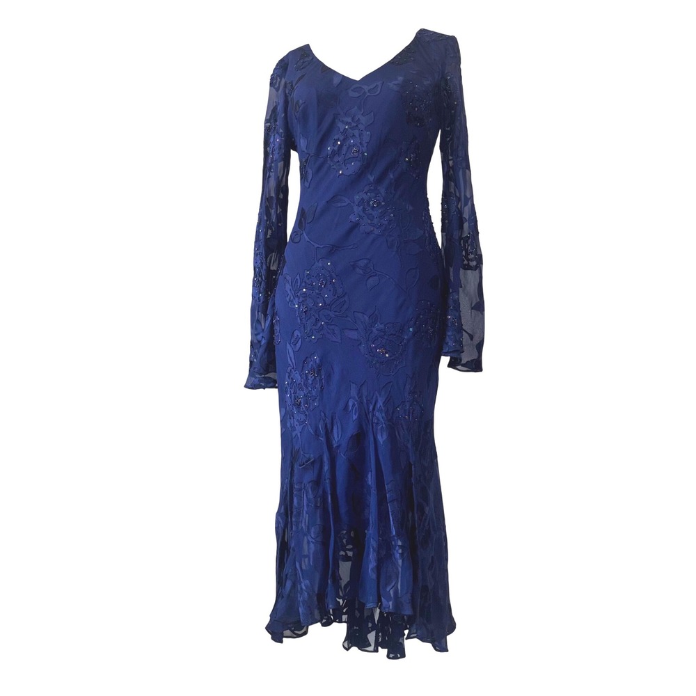 Y2k vtg Alex Evenings Blue Velvet Burnout Fairy Beaded VNeck Long Sleeve Dress 8